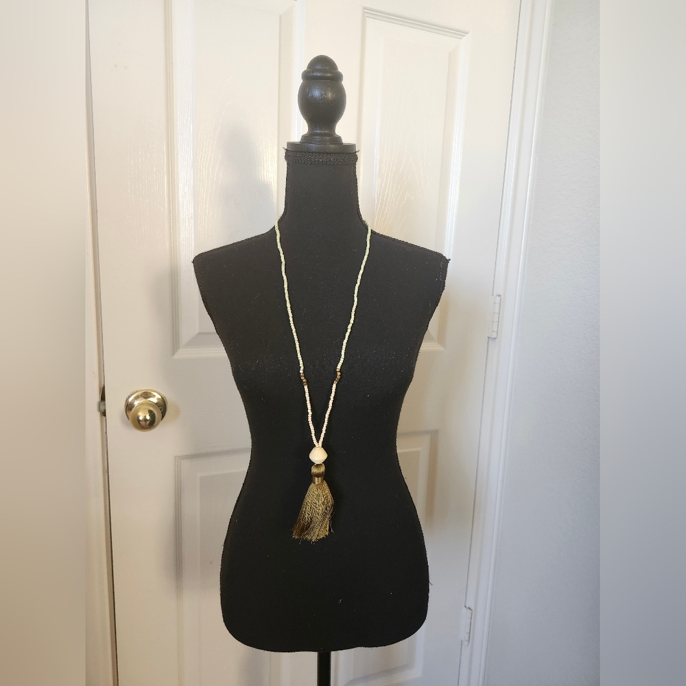 Noonday Collection Cream Olive Green Beaded Long Tassel Fringe Boho Necklace